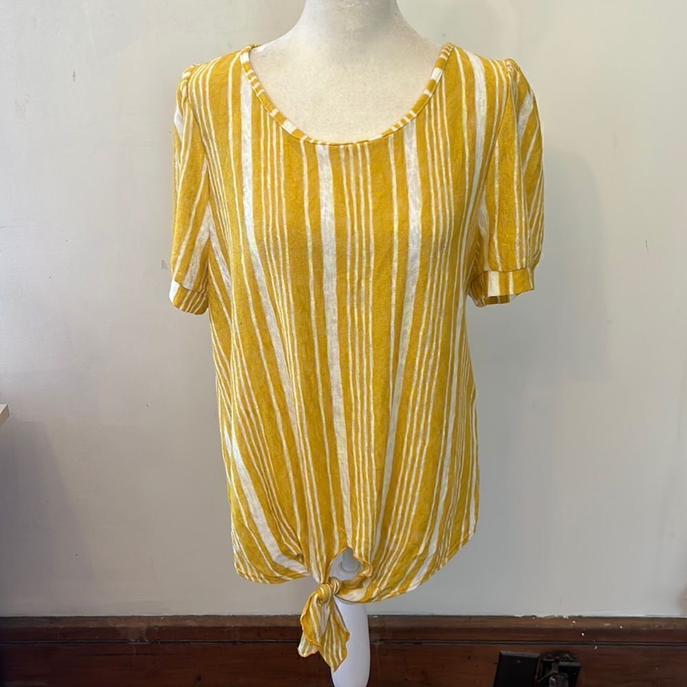 W5 gold white striped tie waist short sleeve blouse Size XL